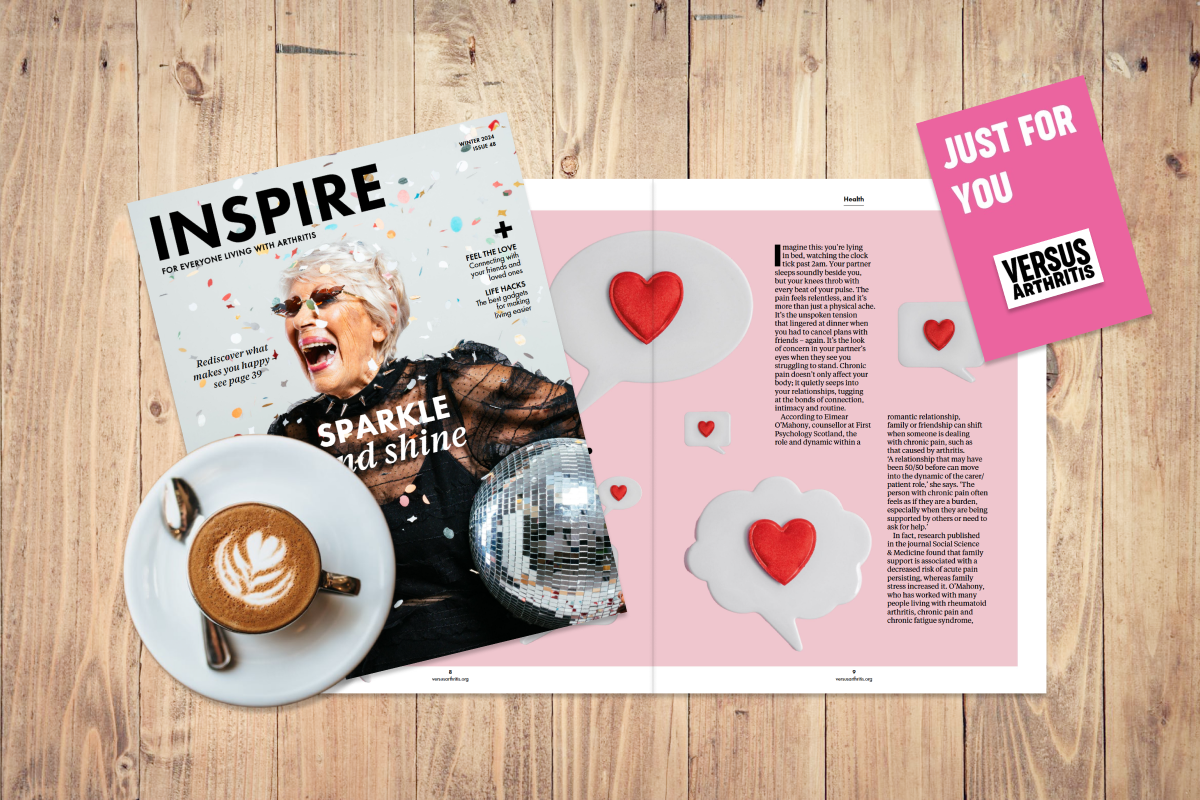 Flat lay of Inspire magazine showing the cover, some inside pages and a coffee on a table.