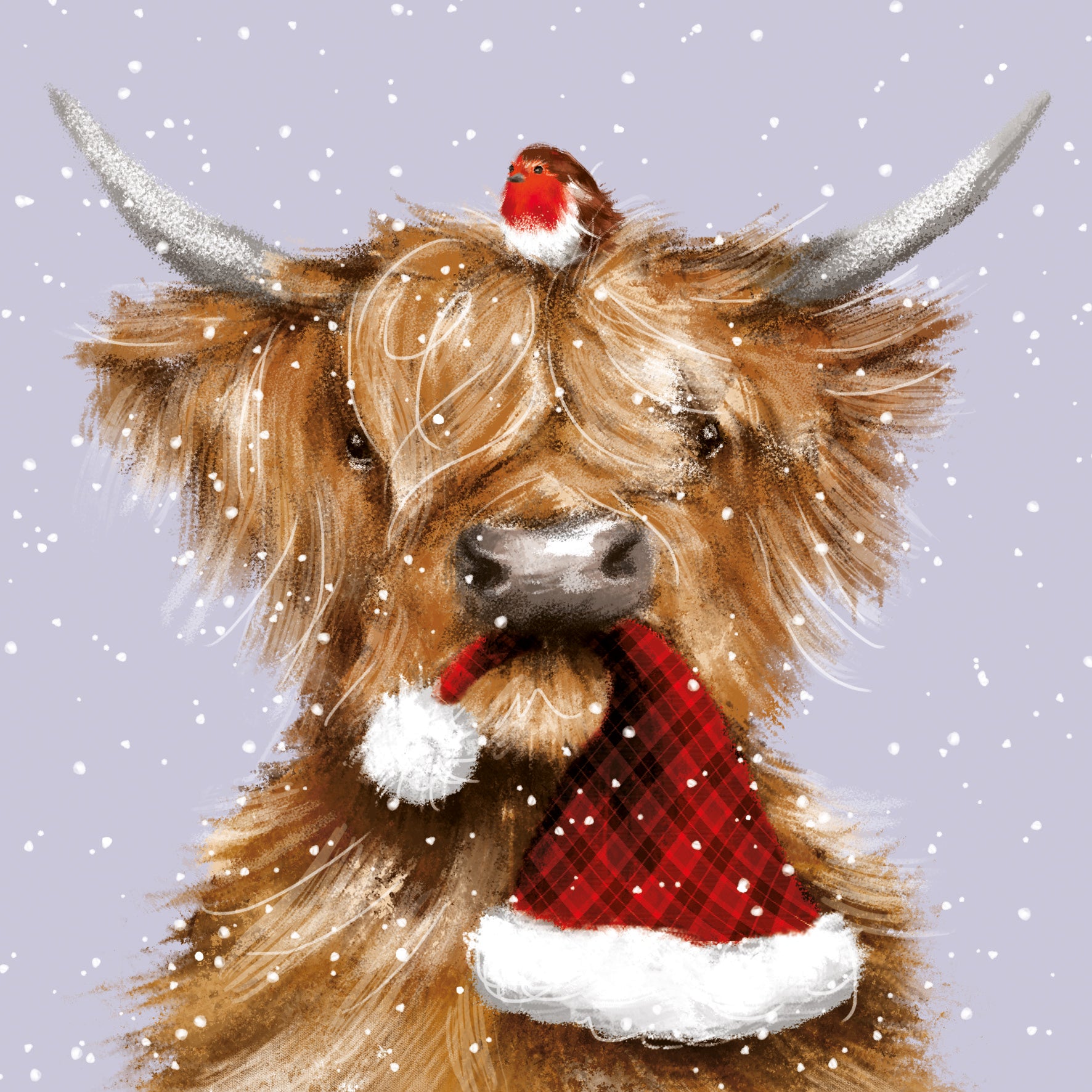 A Christmas card featuring an illustration of a fluffy brown cow, holding a red Santa hat in it's mouth against a snowy background.