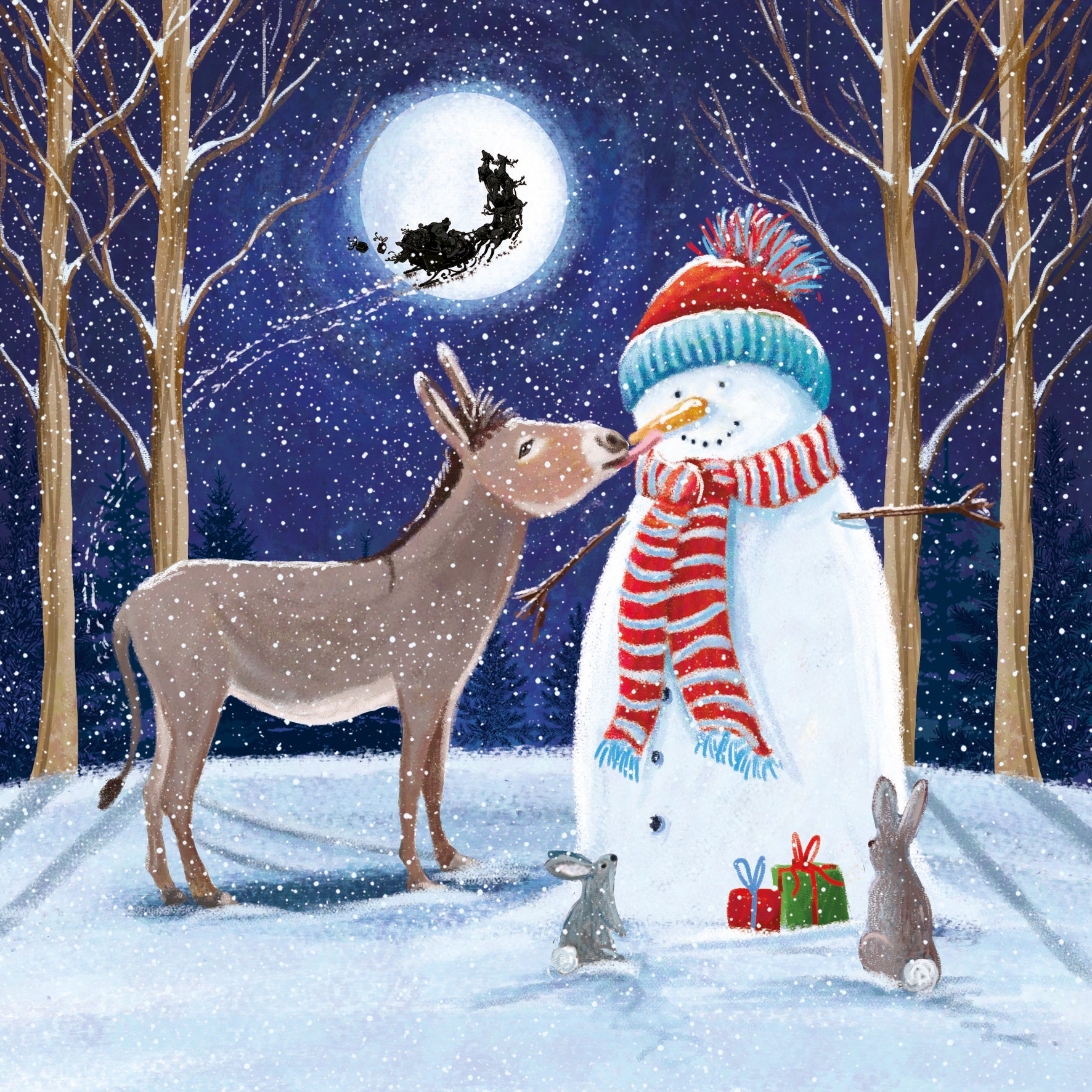 A Christmas card illustration featuring a donkey, a snowman with a red and white scarf, and rabbits in a snowy outdoor setting with trees in the background and a full moon above.