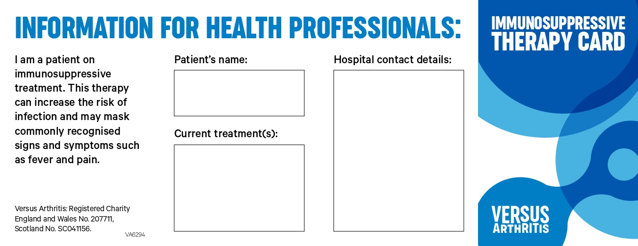 A photo of an immunosuppressive therapy information card, with sections for patient name, contact details, and a logo.