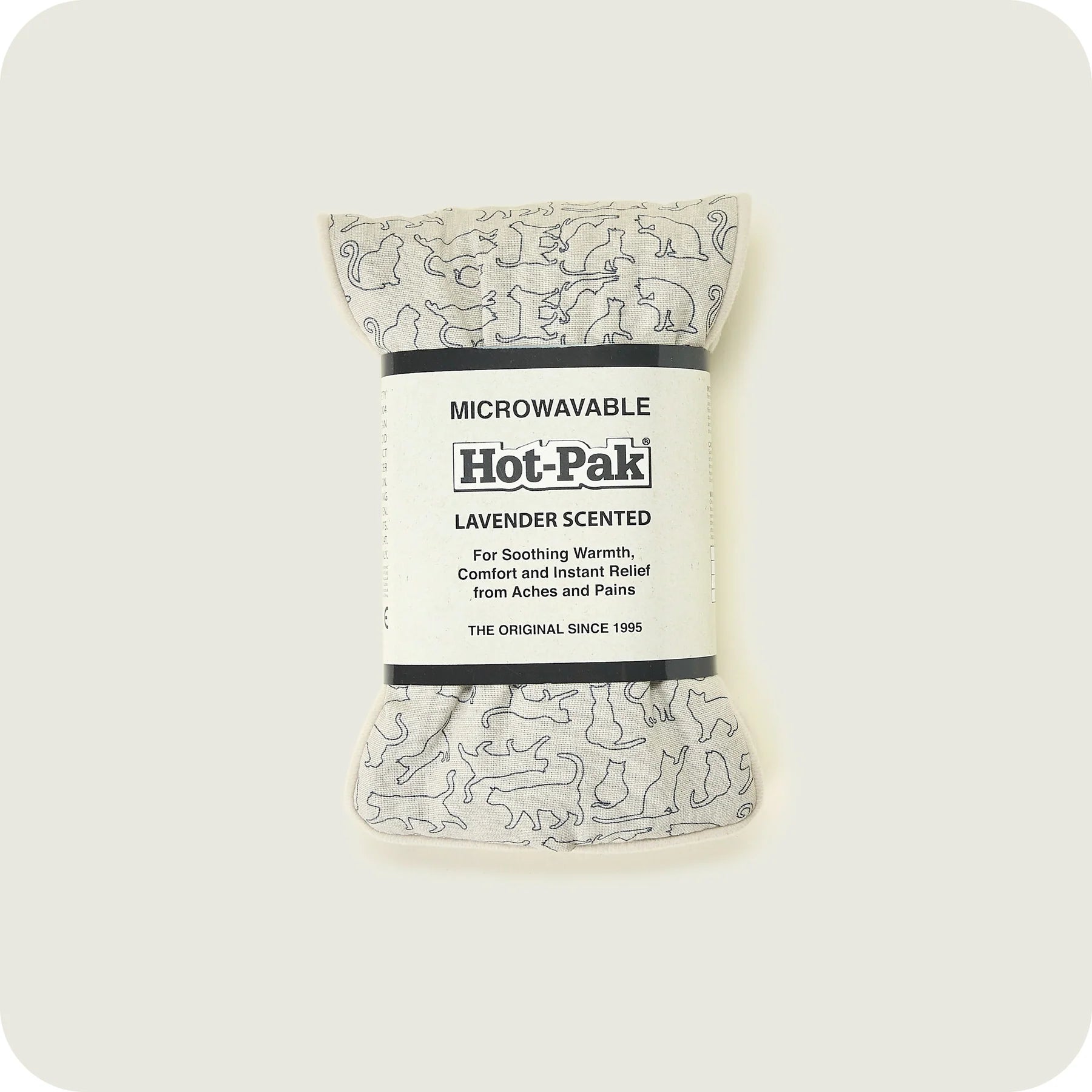 Premium hot pak in cream with a cat pattern showing the outline of different cats, in packaging