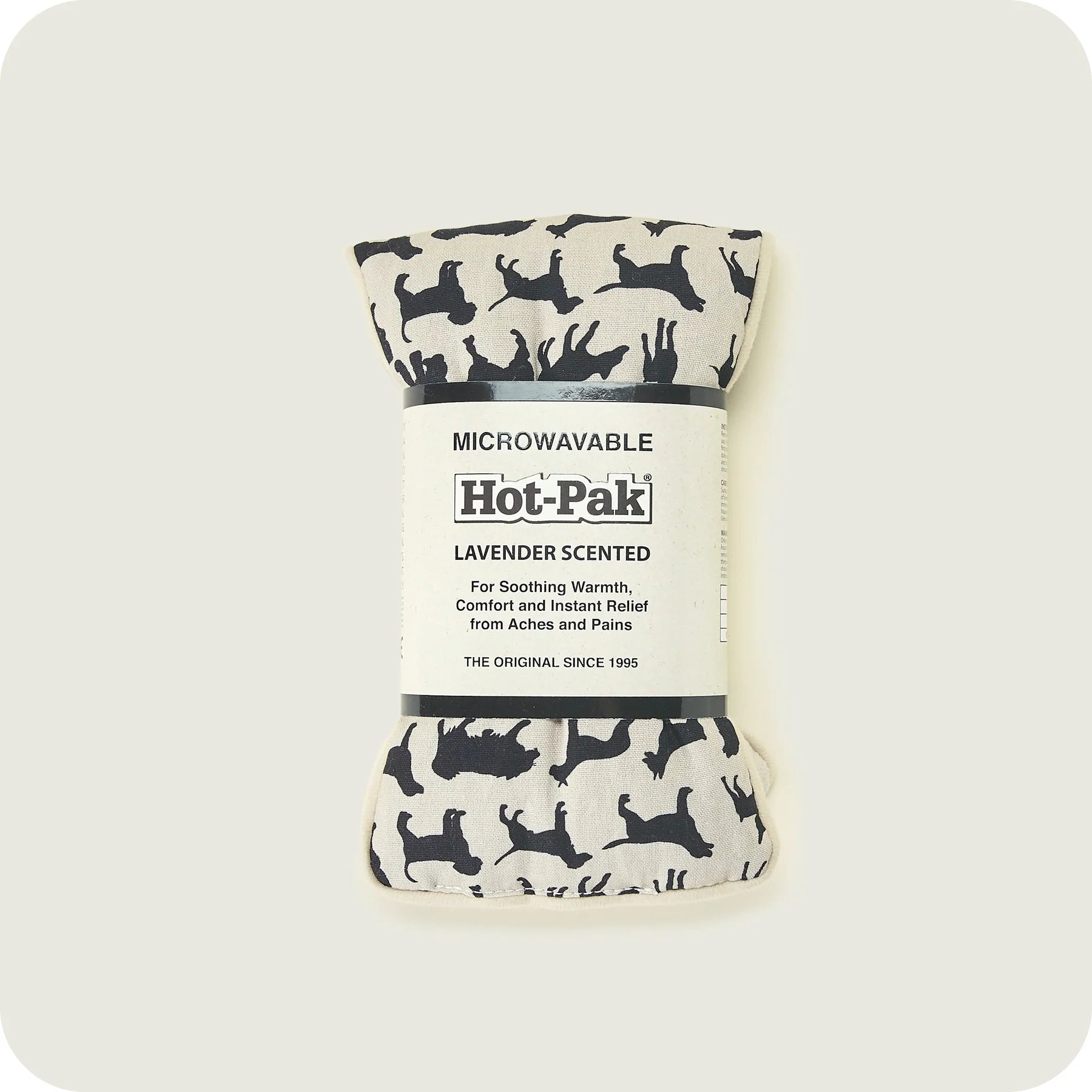 Premium hot pak in cream with a dog pattern showing the outline of different dog breeds, in packaging 