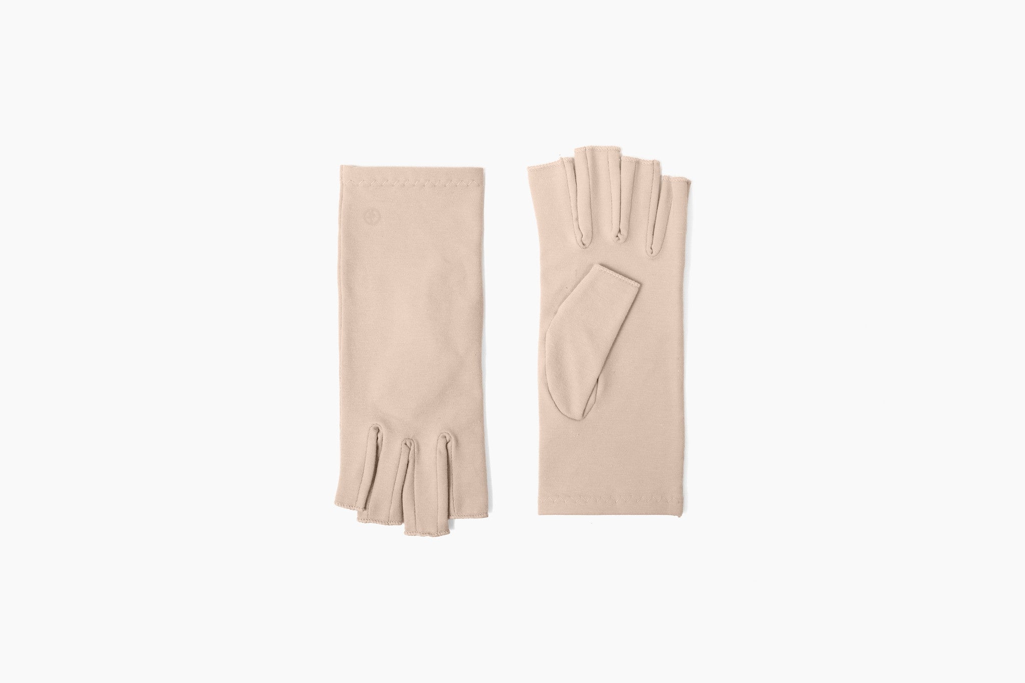 Sandy beige compression glove flatlay showing the front and back of each glove