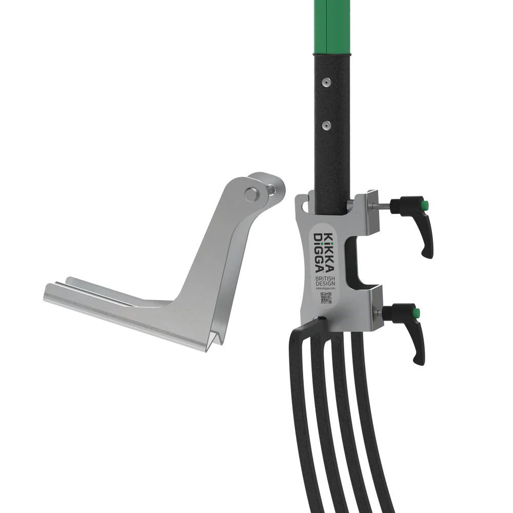Close up of the Kikka Digga attached to a garden fork