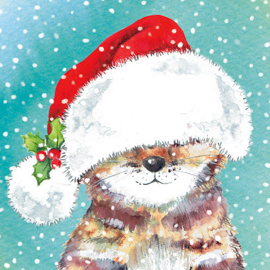 Cat in Santa hat, on light blue background with snowflakes