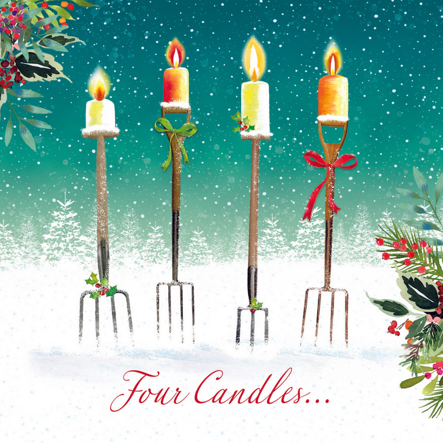 Christmas card showing four gardening forks with lit candles on top of them and the text 'Four Candles...'