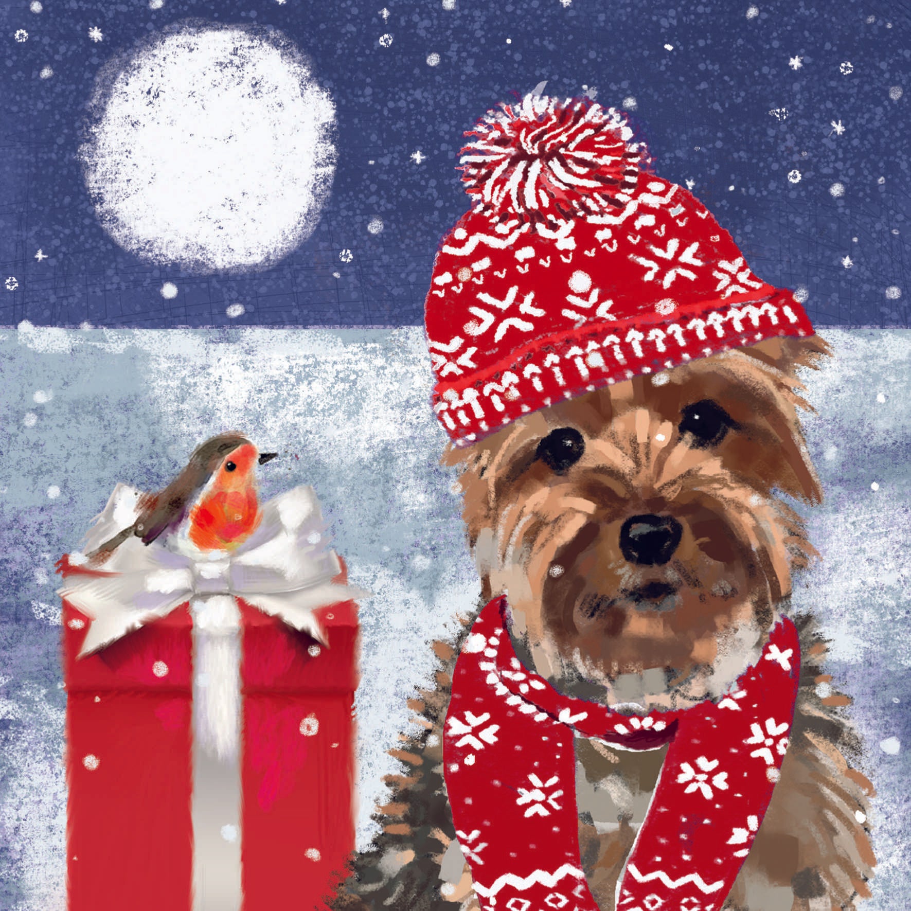Christmas card with a dog wearing a hat and scarf, and robin sat on a Christmas Present in a snowy landscape at night.