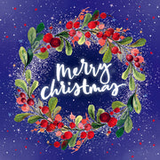 Christmas Card with drawing of a wreath with red berries and the text 'merry christmas'