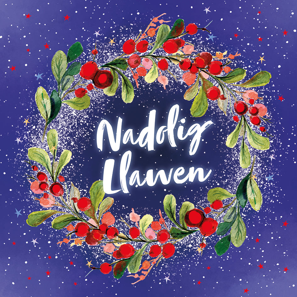 Red Berry Wreath - Christmas Card (Welsh Language - 10 pack)