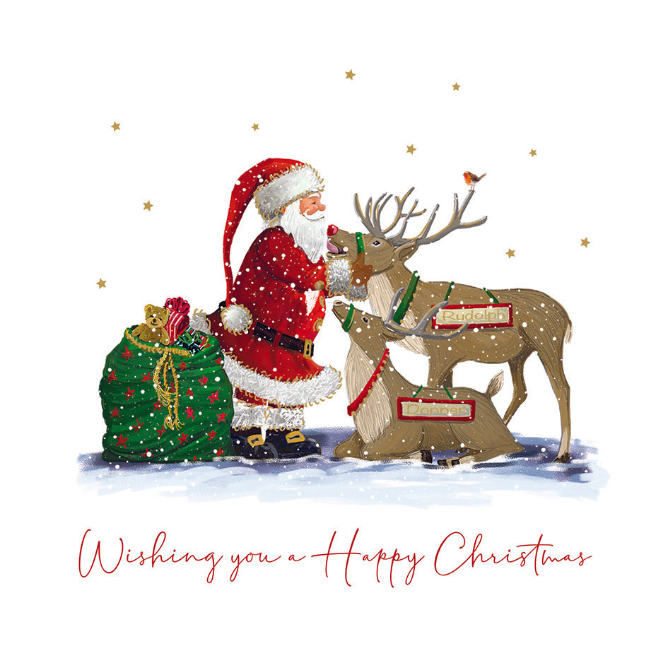 Christmas Card showing Santa and his reindeers Rudolph and Donner and the text 'Wishing you a Happy Christmas'