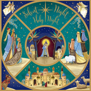Christmas card displaying scenes from the nativity, with Mary, Joseph and Jesus in the centre, and the text 'Silent night Holy Night'