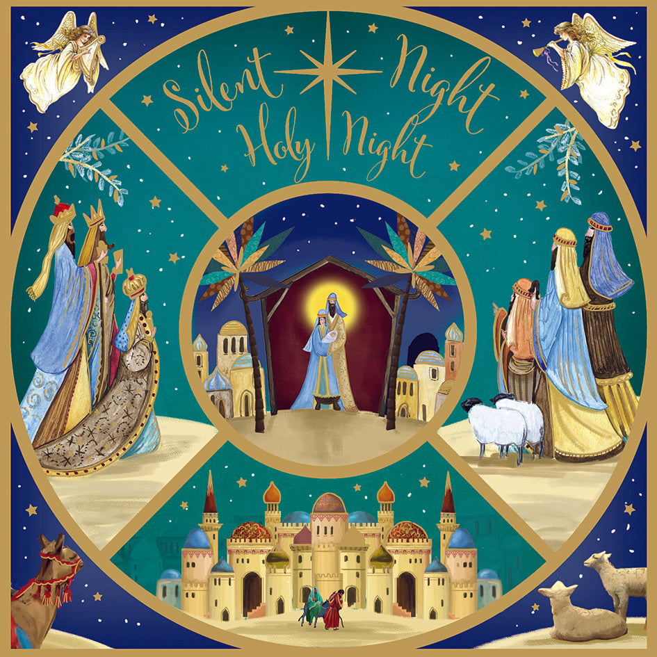 Christmas card displaying scenes from the nativity, with Mary, Joseph and Jesus in the centre, and the text 'Silent night Holy Night'